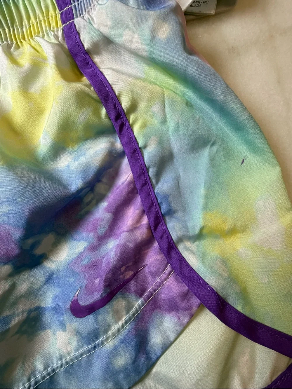 Nike White Dri-FIT Top with Pastel Rainbow Tie-Dye Waistband